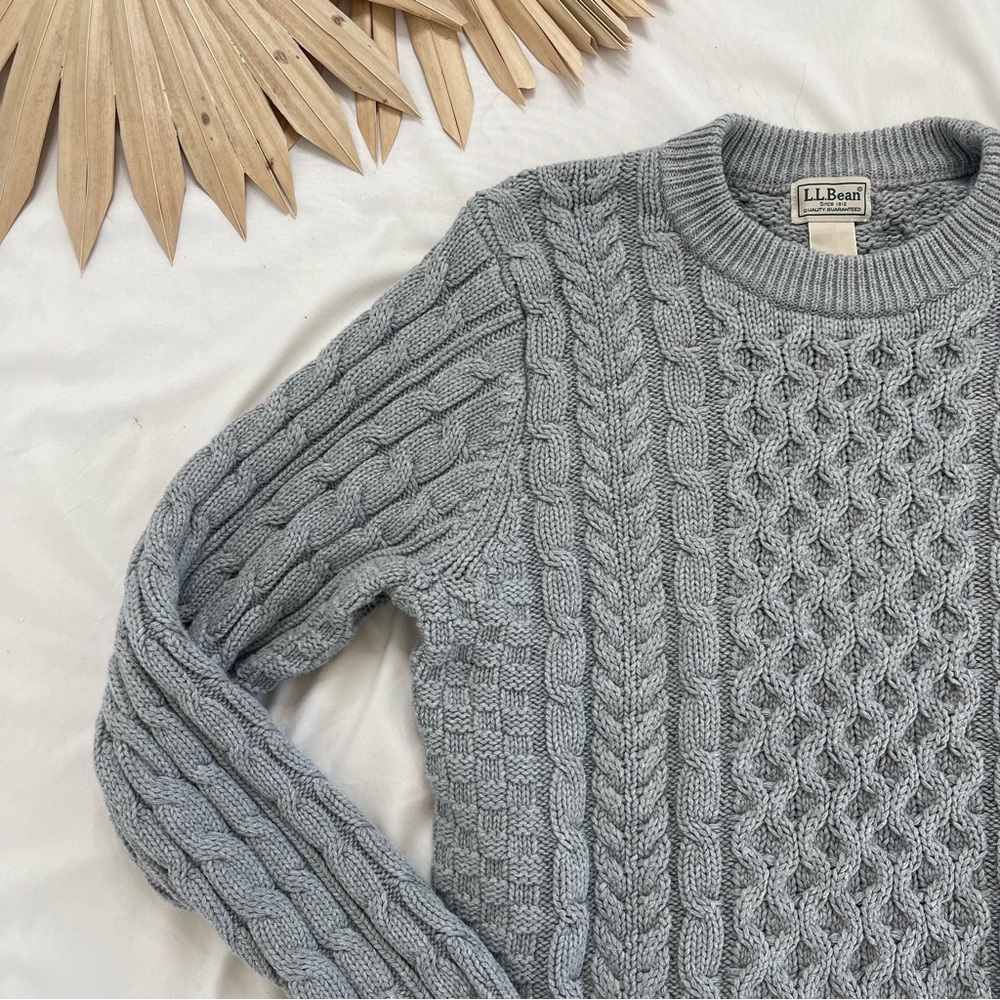 Vintage L.L. Bean Grey Chunky Fisherman Cable Knit Oversized Preppy Crew Sweater - Picture 4 of 8